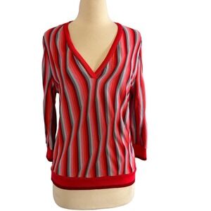 Aldo Martins Womens Red Striped V-Neck Bamboo Blend Knit Top SZ 6 Made In Spain